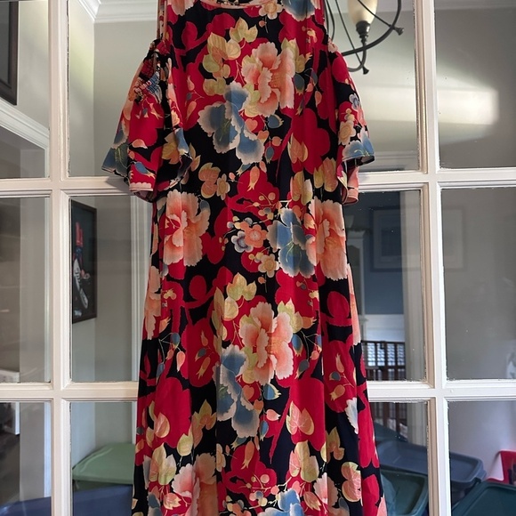 LOFT Red and Orange Midi Sundress with Flutter Sleeves - Picture 2 of 5
